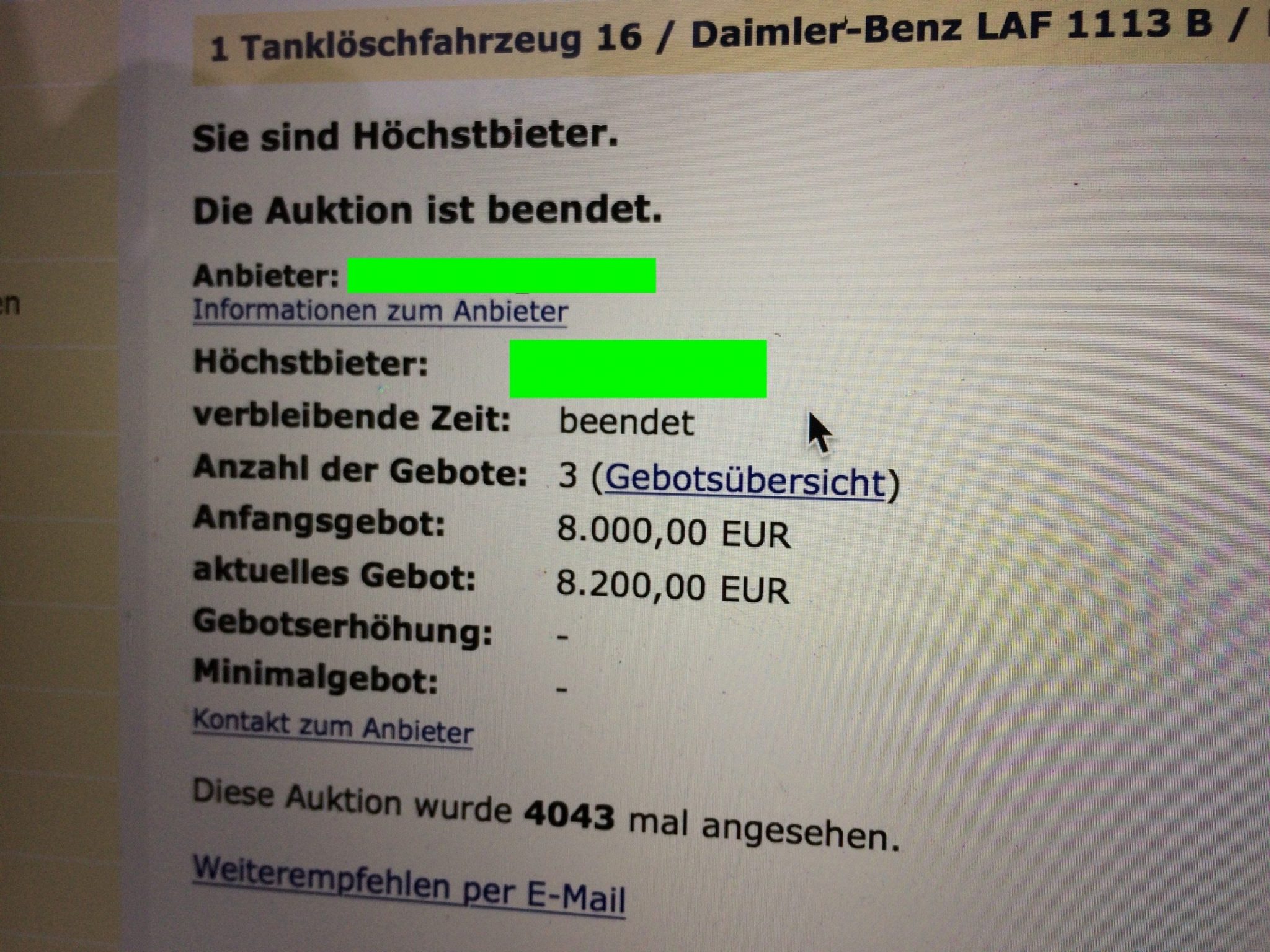 Die Ersteigerung des Kurzhaubers hat geklappt
